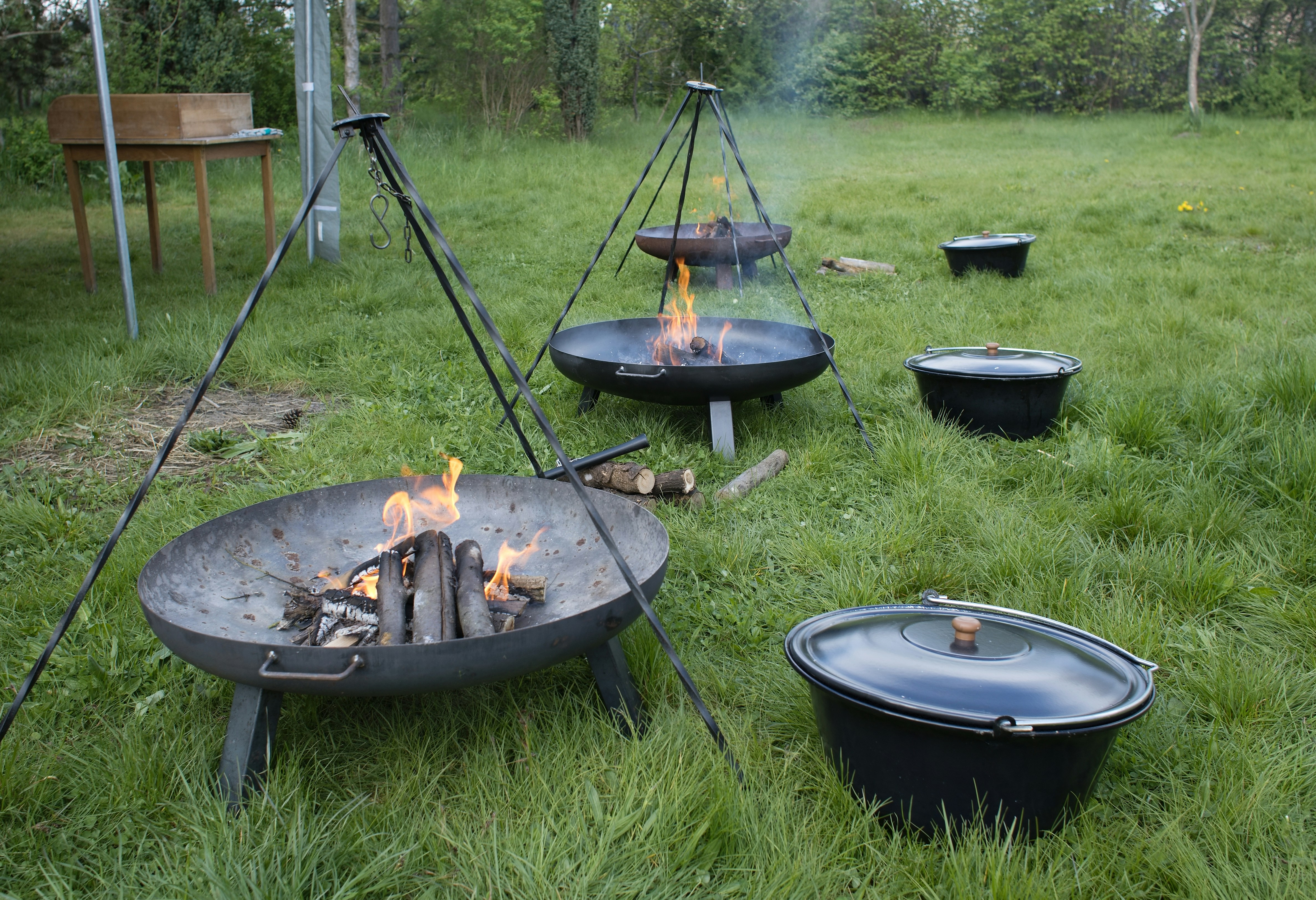 a fire pit sitting on top of a lush green field
