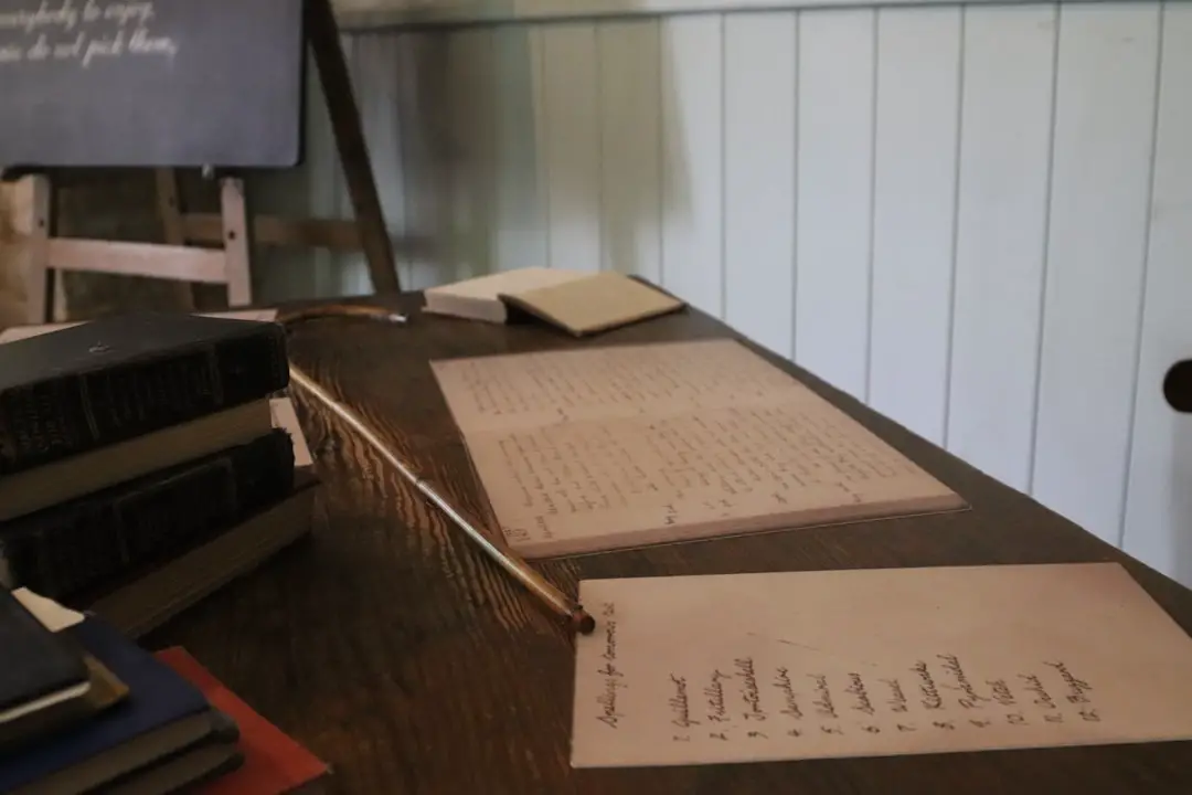 An old desk covered in books and papers.
